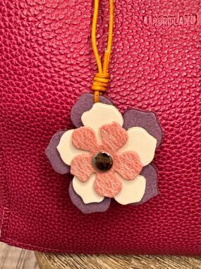 Leather Flower Bag Charm Pink White Purple Flower Purse Charm Genuine Leather